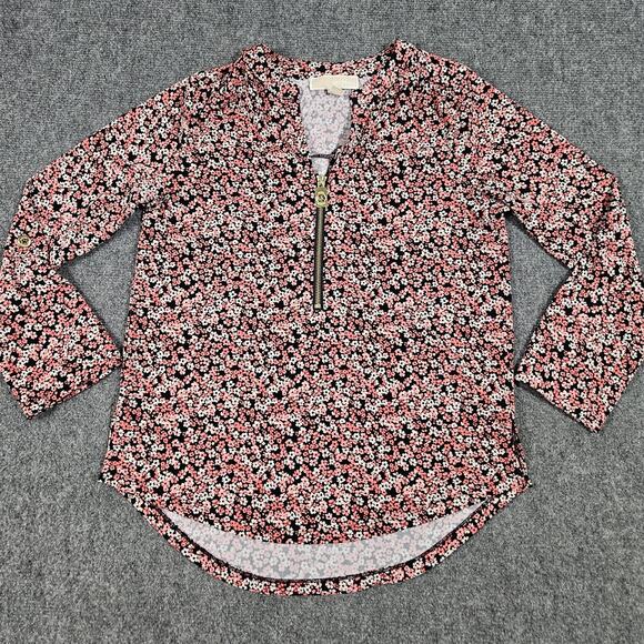 Michael Kors Zip Front Blouse Size Small Top Floral Print Roll Tab Bohemian Boho - Picture 1 of 9